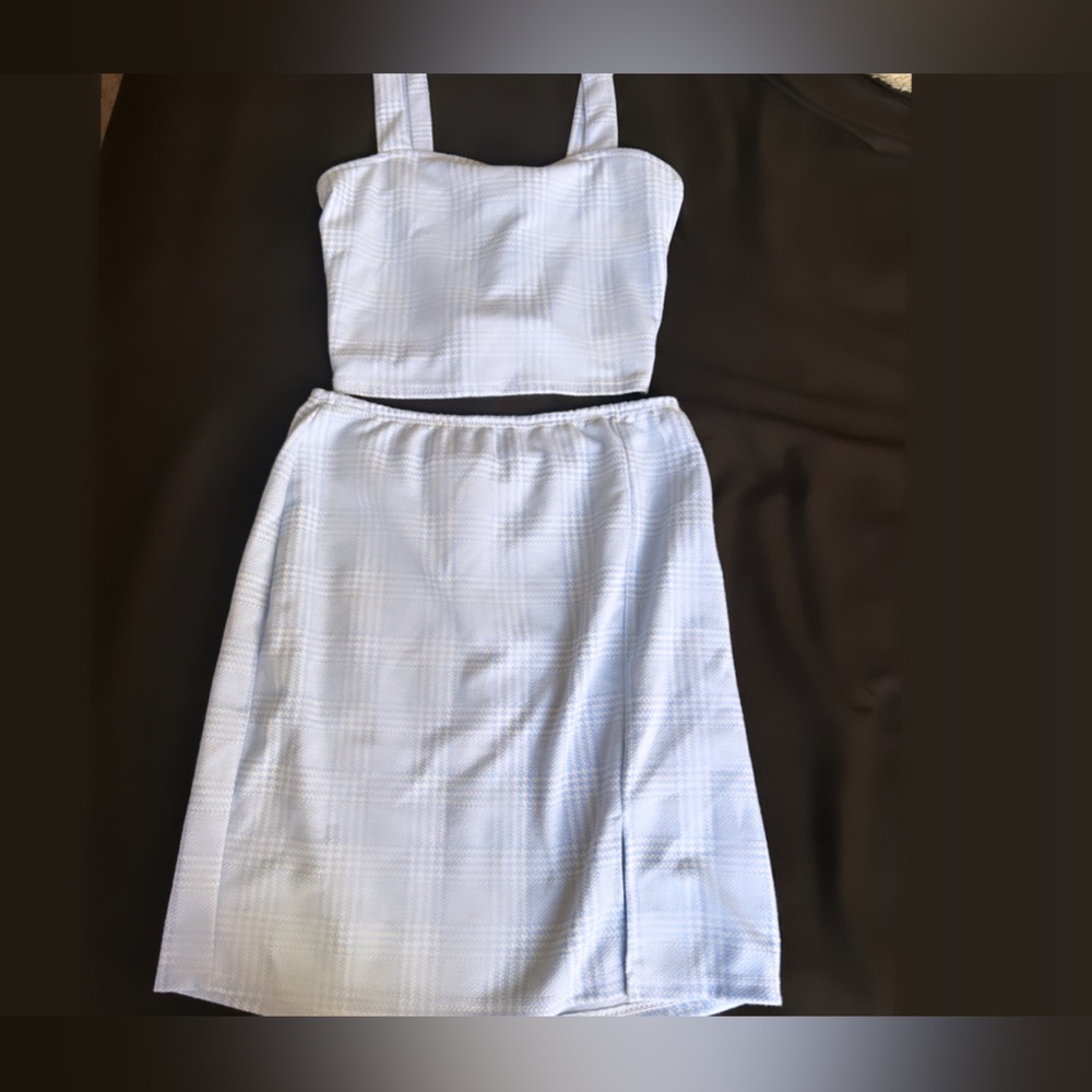 A two piece light blue striped set